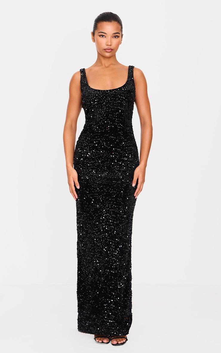 Black Velvet Sequin Embellished Scoop Back Maxi Dess Product Image