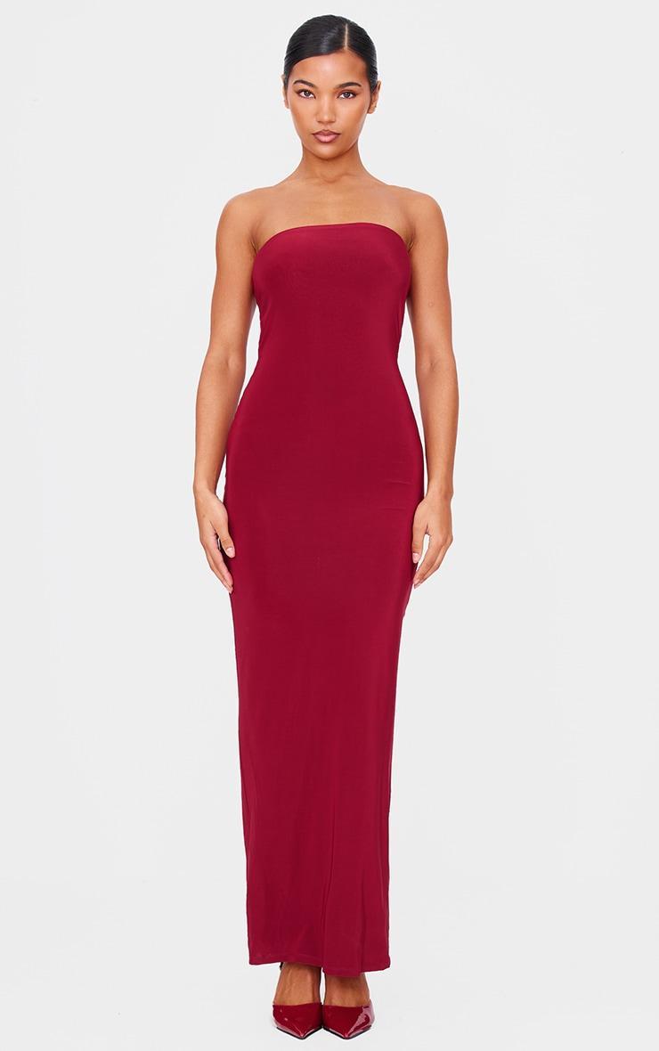 Burgundy Double Layer Slinky Bandeau Low Back Maxi Dress Product Image