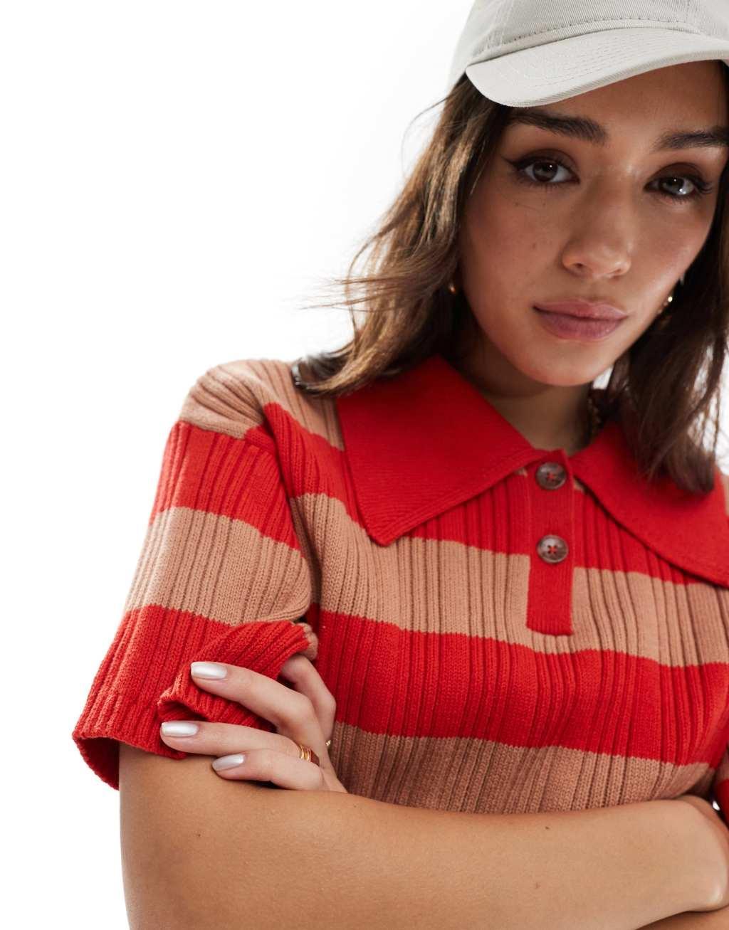 ASOS DESIGN pleated rib knit polo top in orange and red stripe Product Image