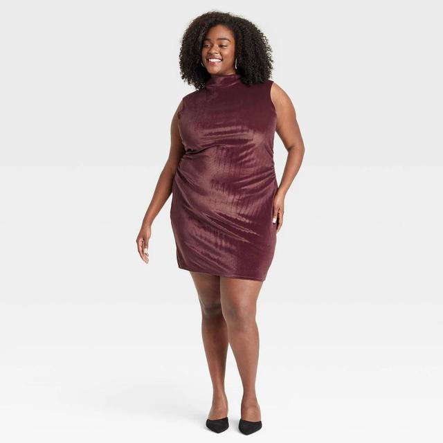 Womens Mini Velvet Ruched Dress - A New Day Burgundy XXL Product Image