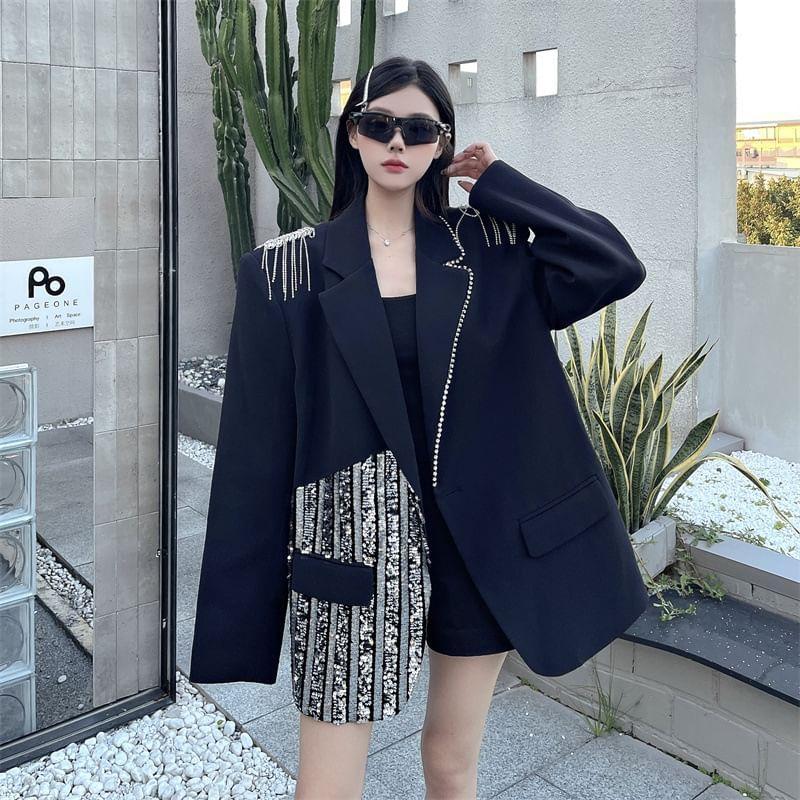 Notch Lapel Plain Sequin Fringe Open Front Blazer Product Image