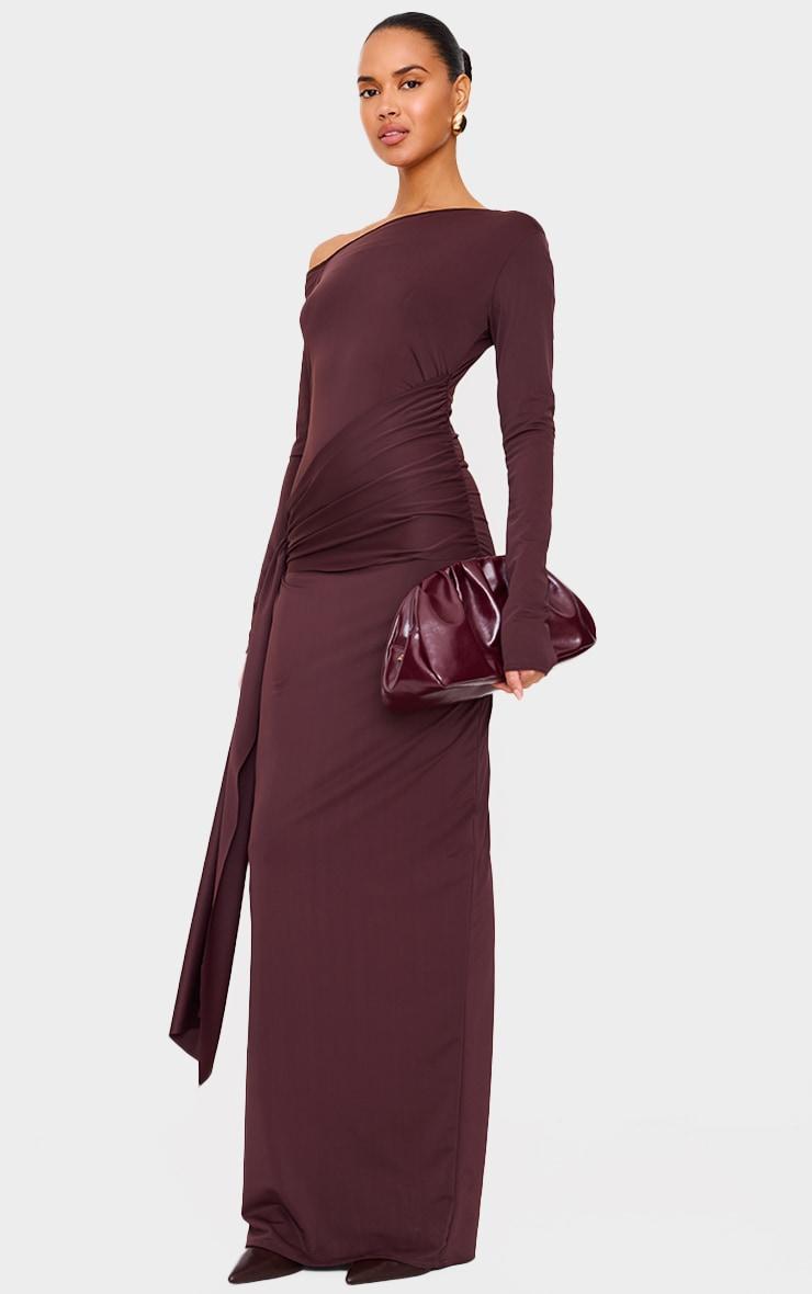 Chocolate Matte Sculpt Fold Over Ruched Drape Maxi Dress Product Image