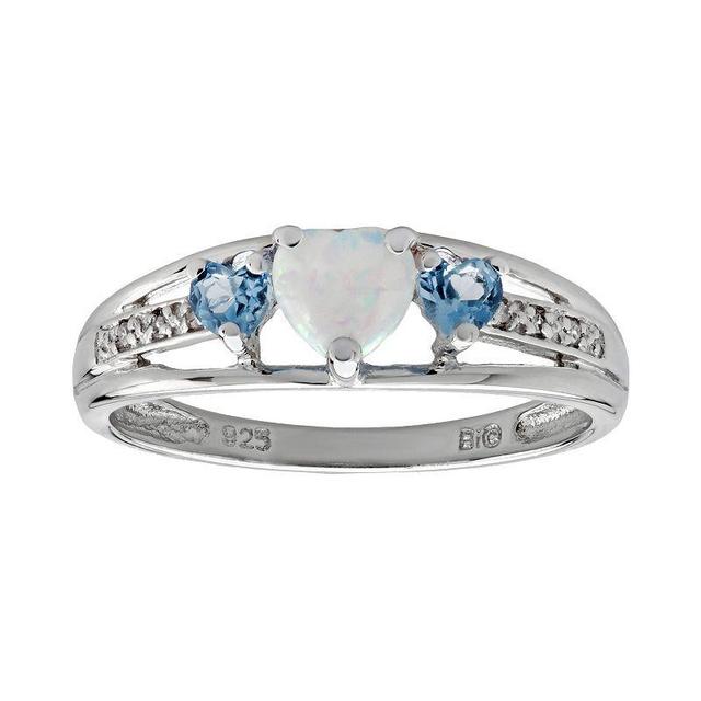 Gemminded Sterling Silver Lab-Created Opal, Blue Topaz and Diamond Accent Heart 3-Stone Ring, Womens Product Image