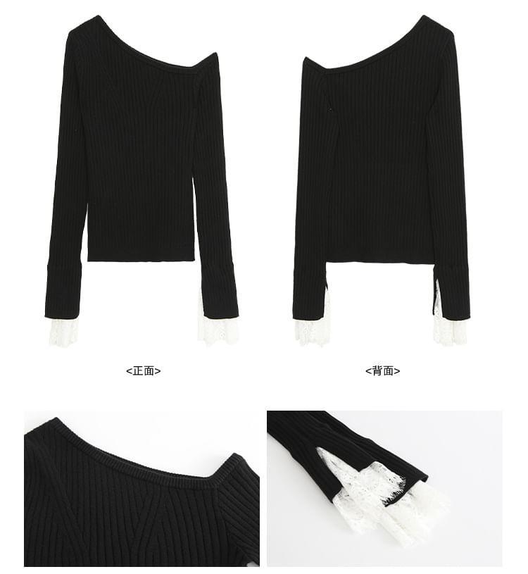 Long Sleeve One Shoulder Lace Panel Ribbed Knit Top Product Image