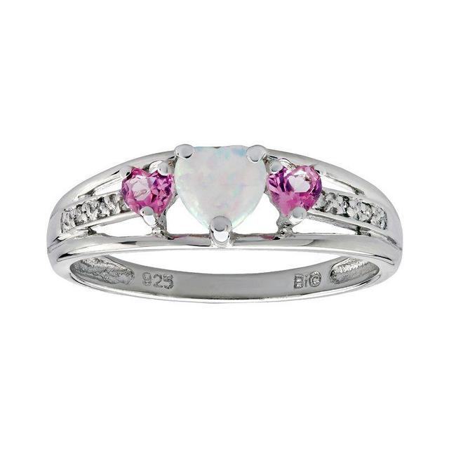 Gemminded Sterling Silver Lab-Created Opal, Lab-Created Pink Sapphire and Diamond Accent Heart 3-Stone Ring, Womens Product Image