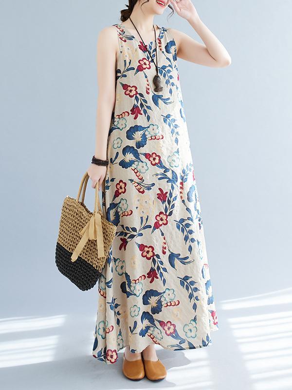 Loose Sleeveless Floral Printed Round-Neck Maxi Dresses Product Image