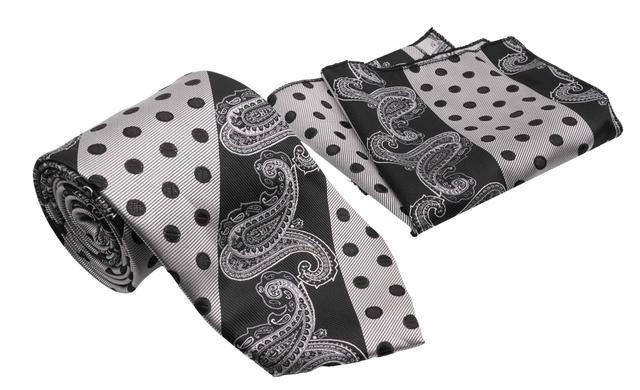 Black Silver Contrast Dots Paisley Pattern Men's Classic Tie and Pocket Square Set Male Product Image