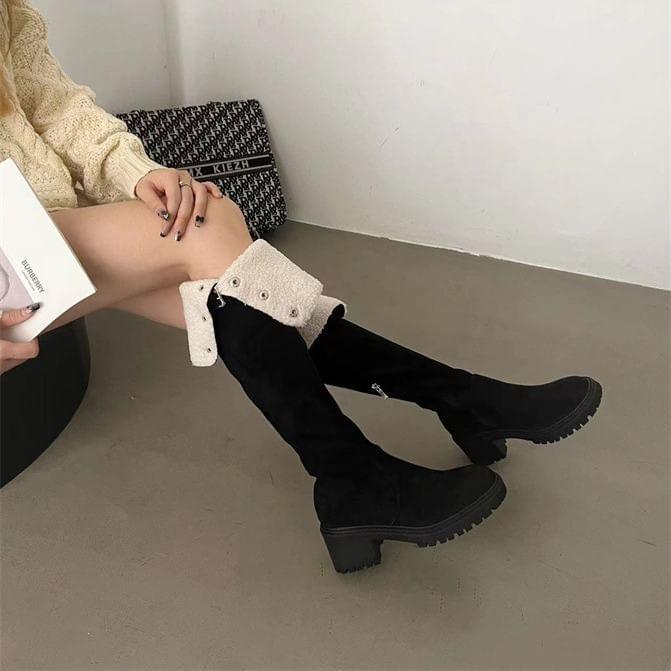 Chunky Heel Fleece-Lined Buckled Over-The-Knee Boots Product Image