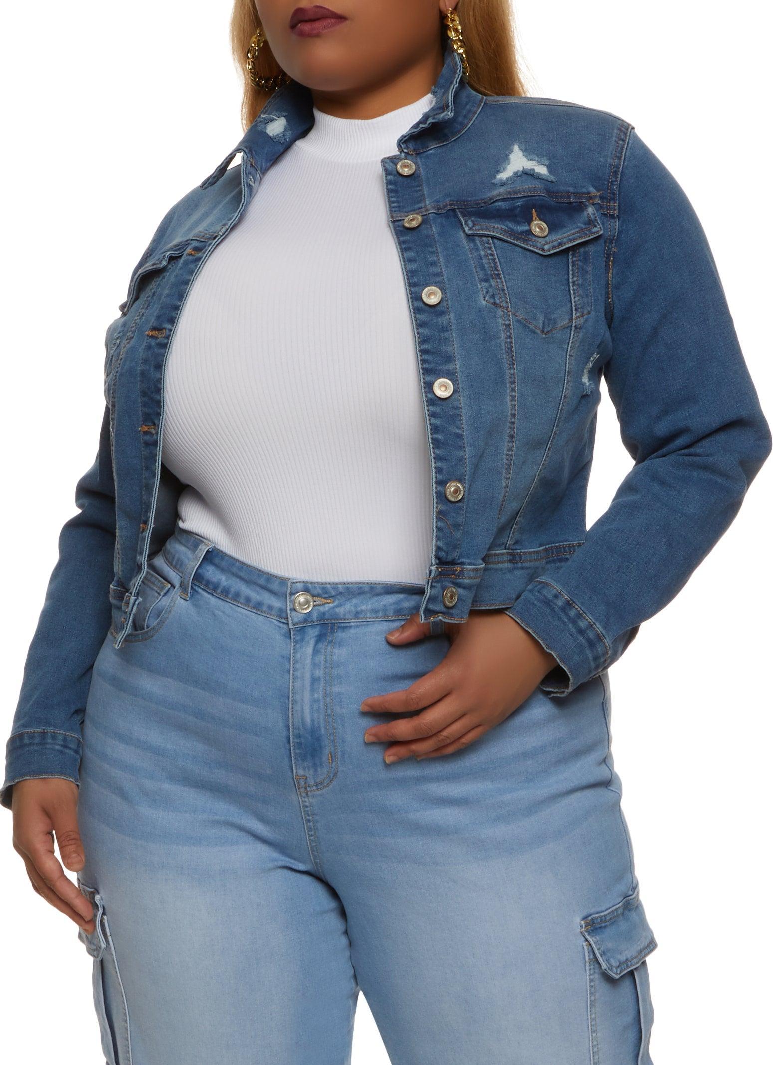 Womens Plus Size WAX Distressed Cropped Jean Jacket Product Image