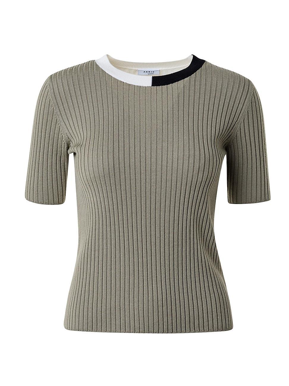 Ribbed Knit Wool Top with Colorblock Collar Product Image