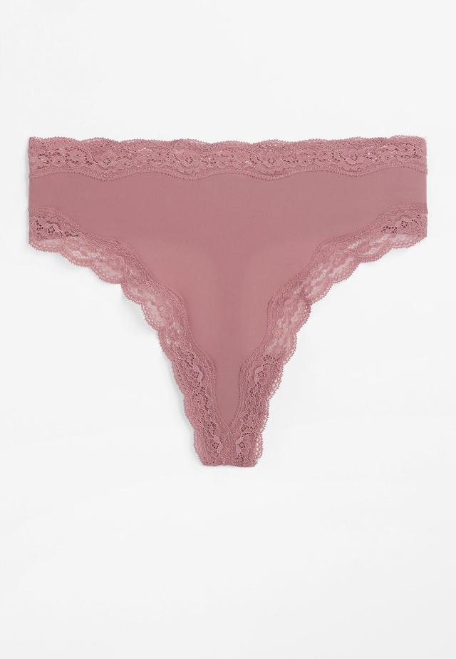 Maurices Womens True Stretch High Waist Jersey Lace Trim Thong Panty Pink Size 2X Product Image