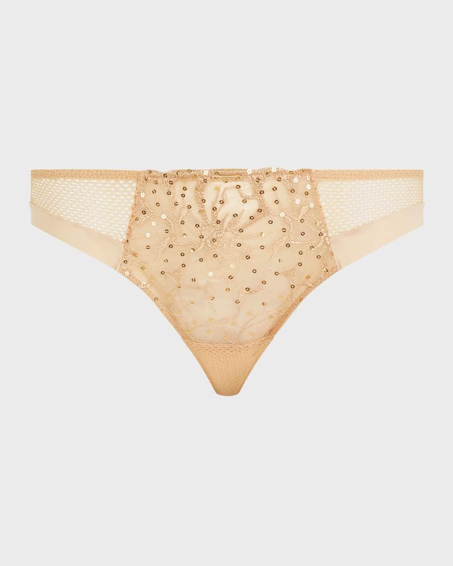 Fleurs Floral-Embroidered Tulle & Fishnet Tanga Product Image