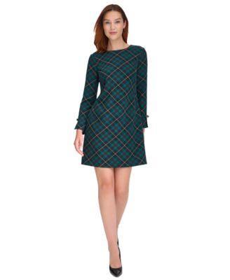 Tommy Hilfiger Womens Plaid Long-Sleeve Bow-Cuff Dress Product Image