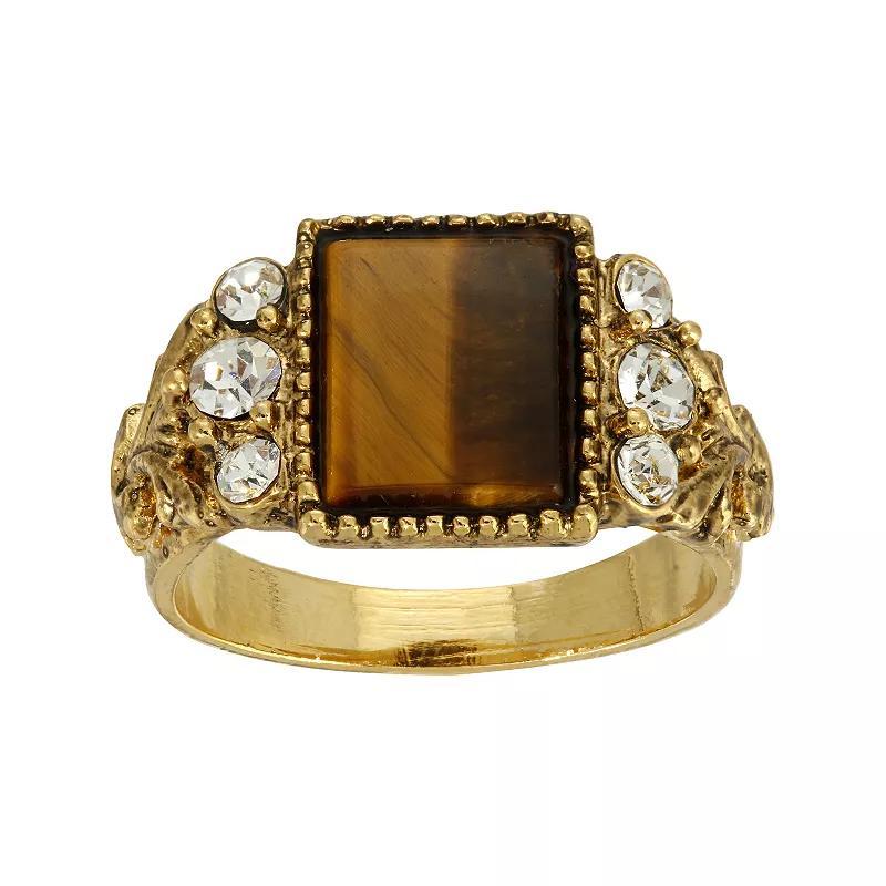 1928 Gold Tone Semi-Precious Rectangular Stone Ring, Womens, Brown Product Image