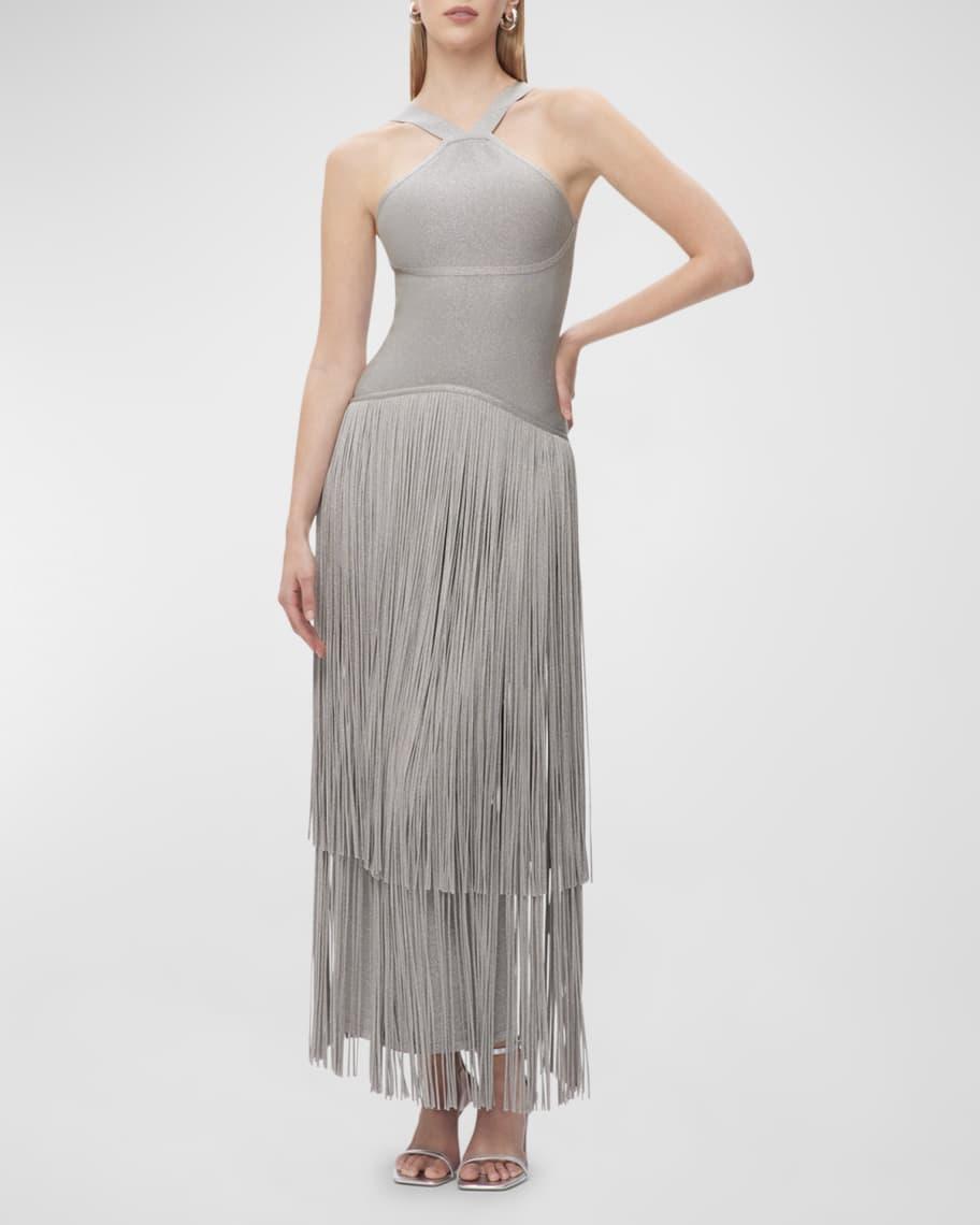 Kennedy Metallic Tiered Fringe Halter Gown Product Image