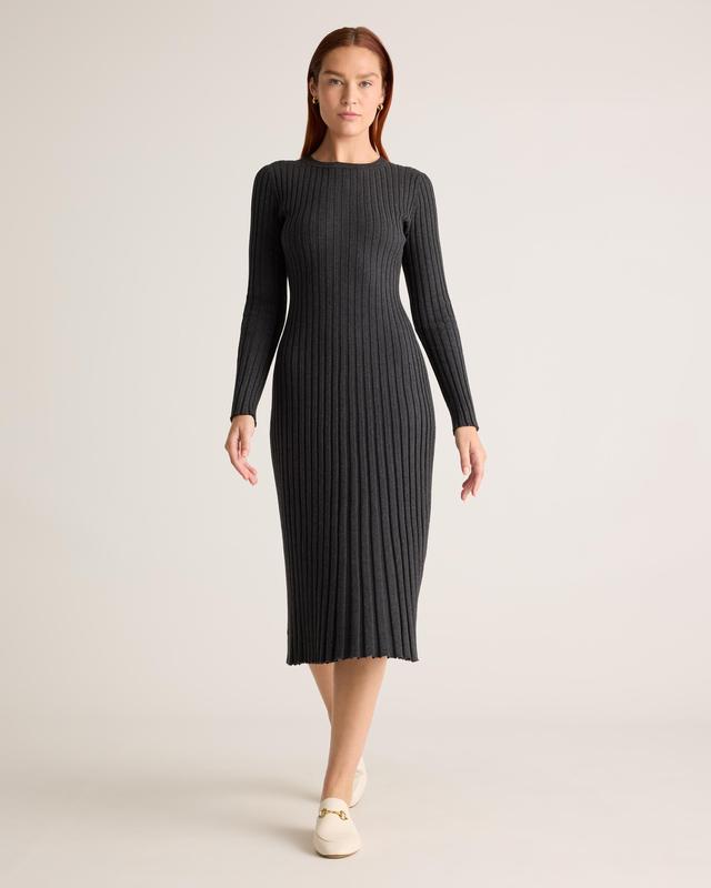 Cotton Cashmere Ribbed Long Sleeve Crew Midi Dress Product Image