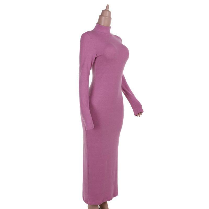 Long-Sleeve Turtleneck Plain Maxi Sheath Dress Product Image