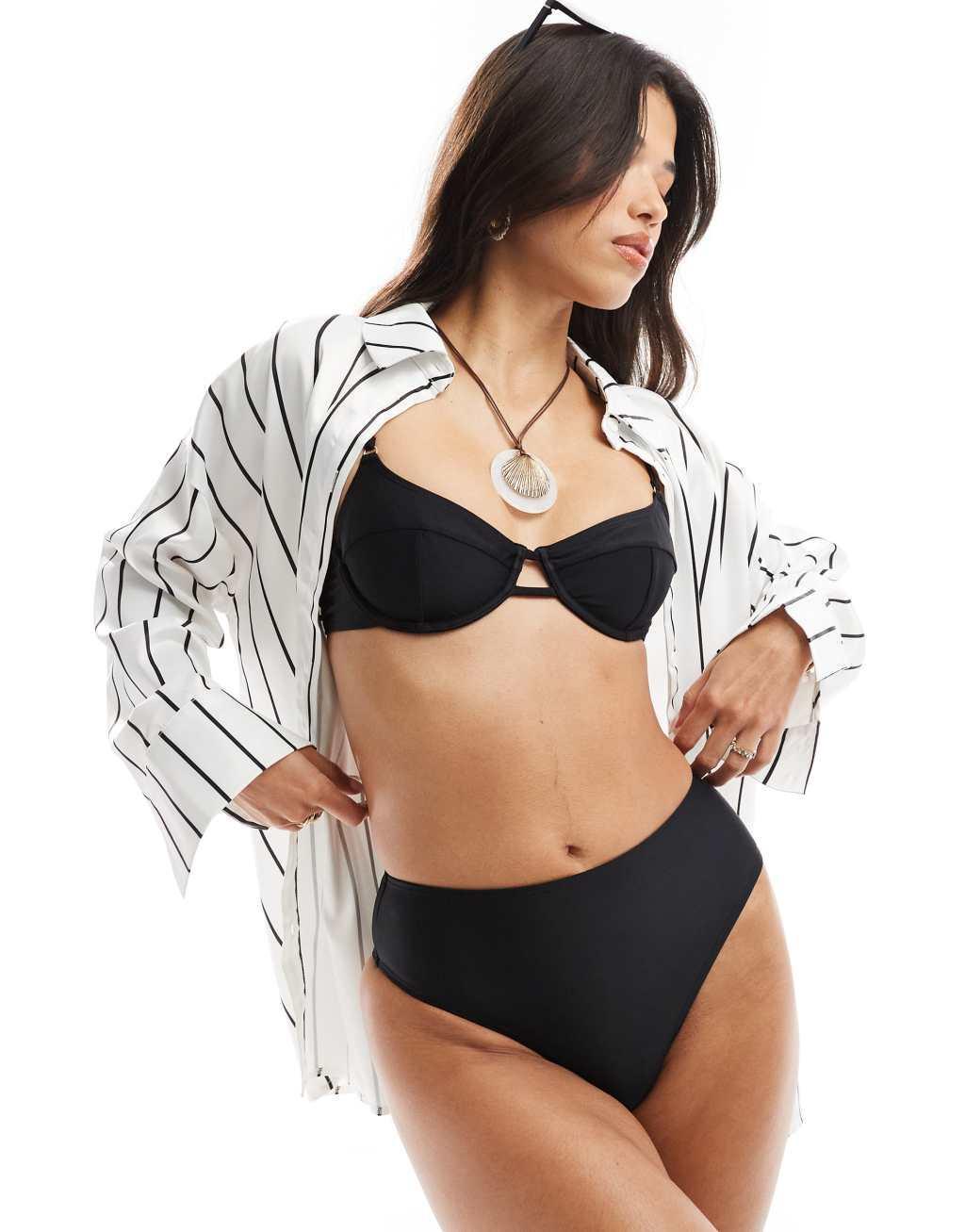 Kaiia satin oversized beach shirt in black and white stripe Product Image