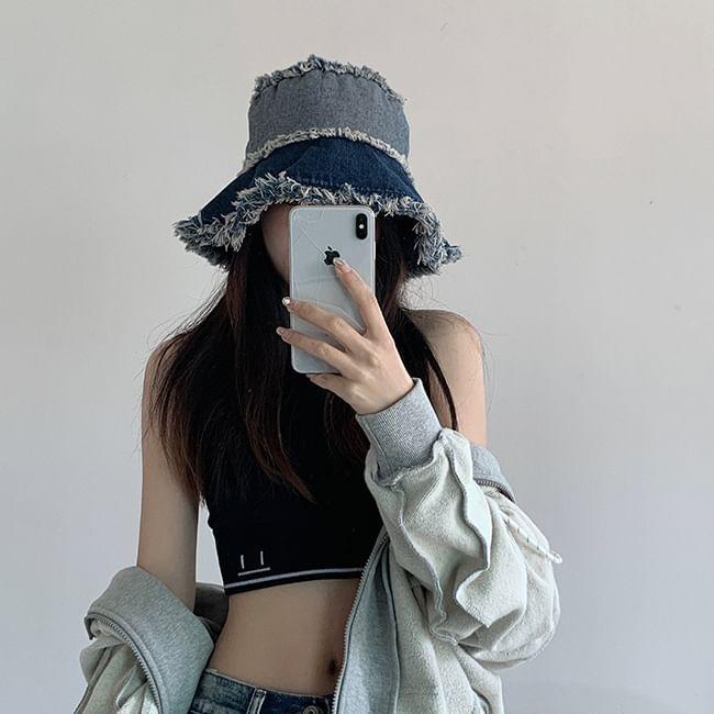 Distressed Washed Denim Bucket Hat Product Image