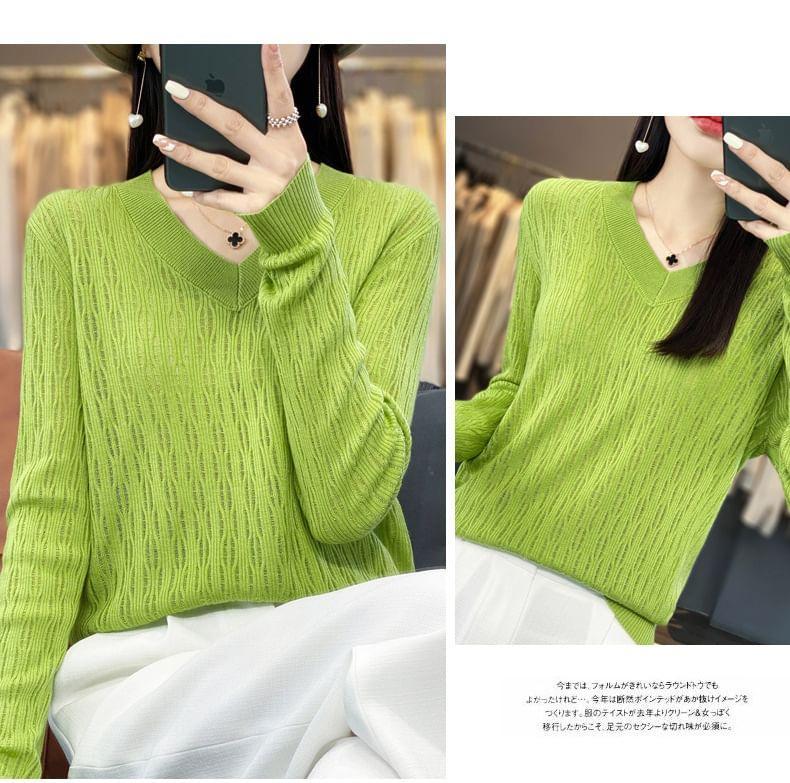 Long Sleeve V-Neck Plain Knit Top Product Image