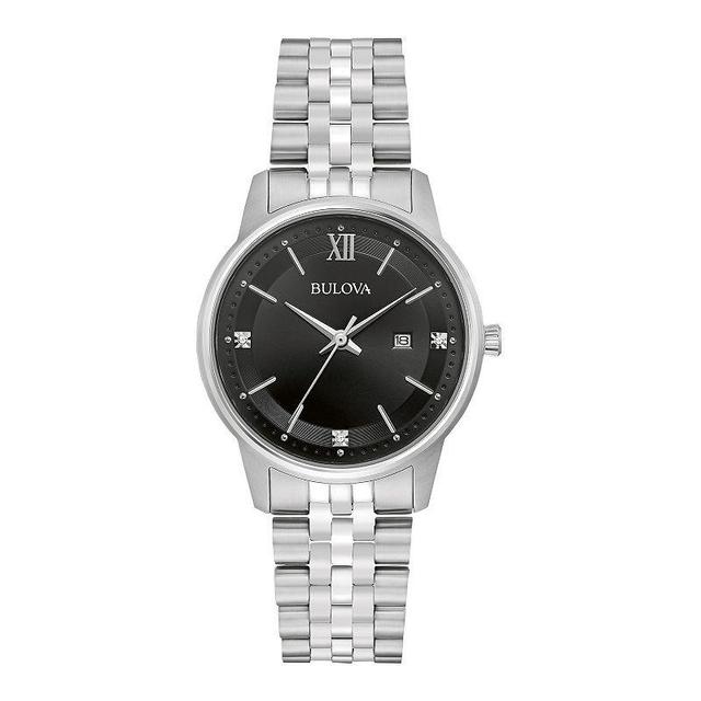 Bulova Womens Classic Stainless Steel Black Diamond Accent Watch - 96P226 Silver Product Image