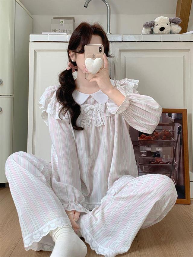 Pajama Set: Puff-Sleeve Striped Lace Trim Ruffle Bow Top + Pants Product Image