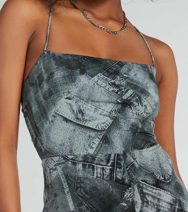 Got Em' Tripping Lace-Up Denim Print Jumpsuit Product Image