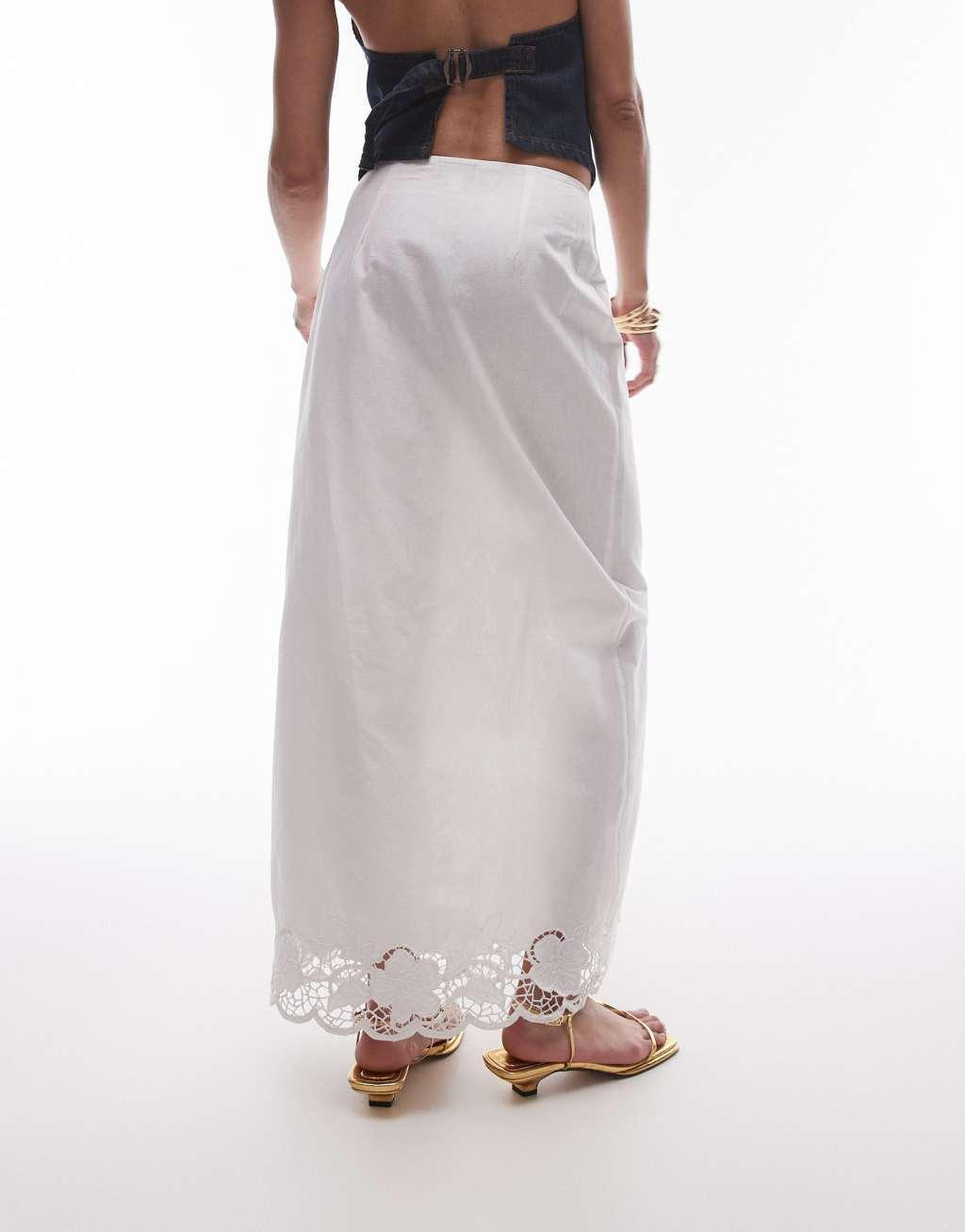 Topshop cutwork trim midi skirt in white Product Image