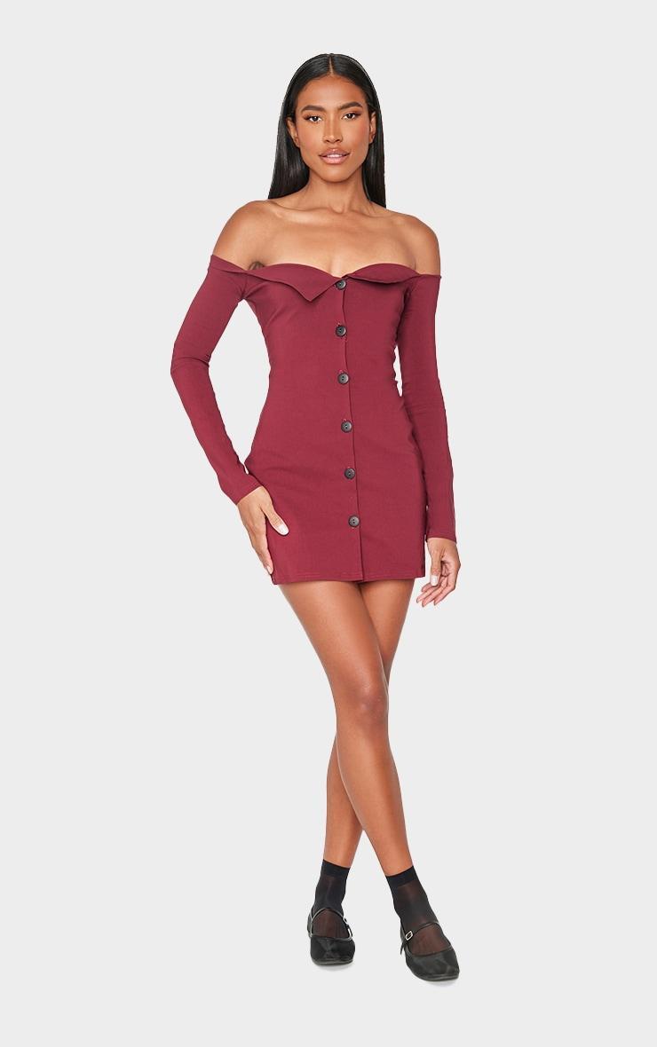 Wine Button Detail Bardot Bodycon Dress Product Image