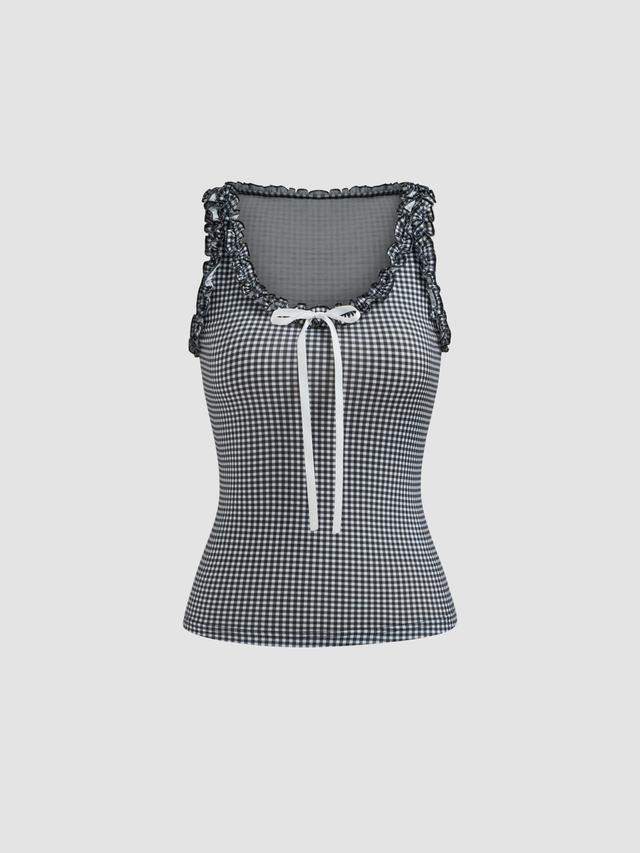 Jersey Square Neck Gingham Knotted Lettuce Trim Tank Top Product Image