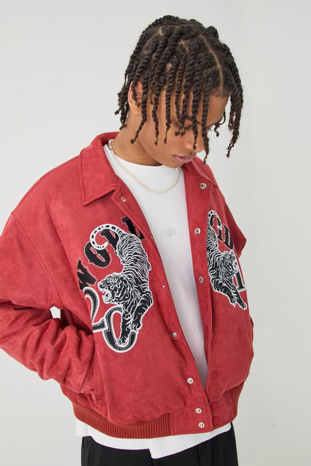 Boxy Suede Embroidered Varsity Jacket | boohooMAN USA Product Image