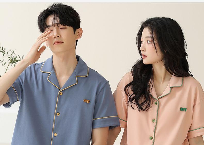 Couple Matching Pajama Set: Short-Sleeve Contrast Trim Button-Up Shirt + Shorts Product Image