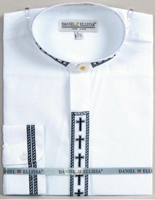 Men's Banded Collar Embroidered Shirt in White/Black Product Image