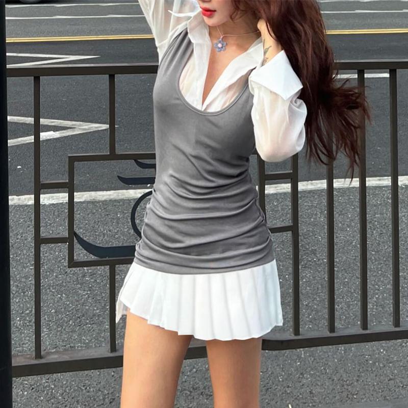 Mock Two-Piece Long-Sleeve Two Tone Pleated Mini A-Line Shirt Dress Product Image