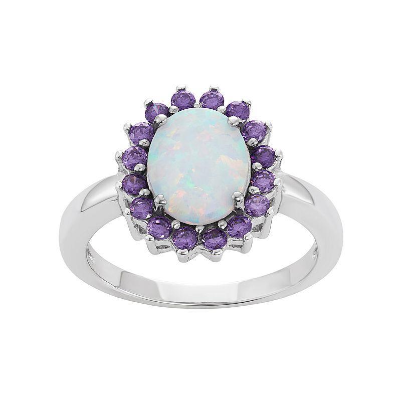 Sterling Silver Lab-Created Opal & Cubic Zirconia Oval Halo Ring, Womens Purple Product Image