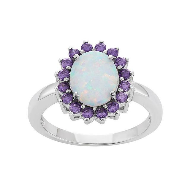 Sterling Silver Lab-Created Opal & Cubic Zirconia Oval Halo Ring, Womens Purple Product Image