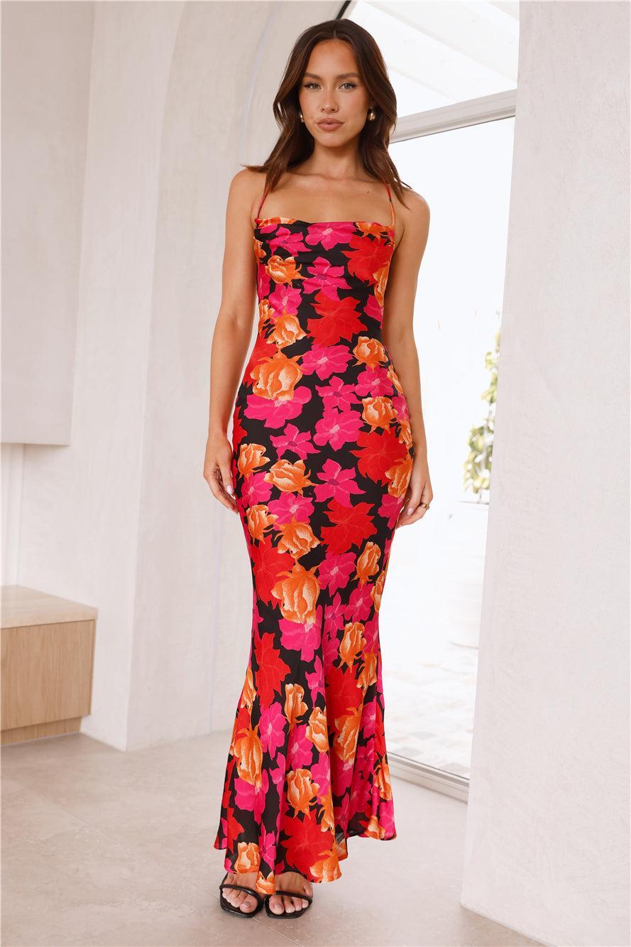 HELLO MOLLY Tropics In Bloom Satin Maxi Dress Black Product Image