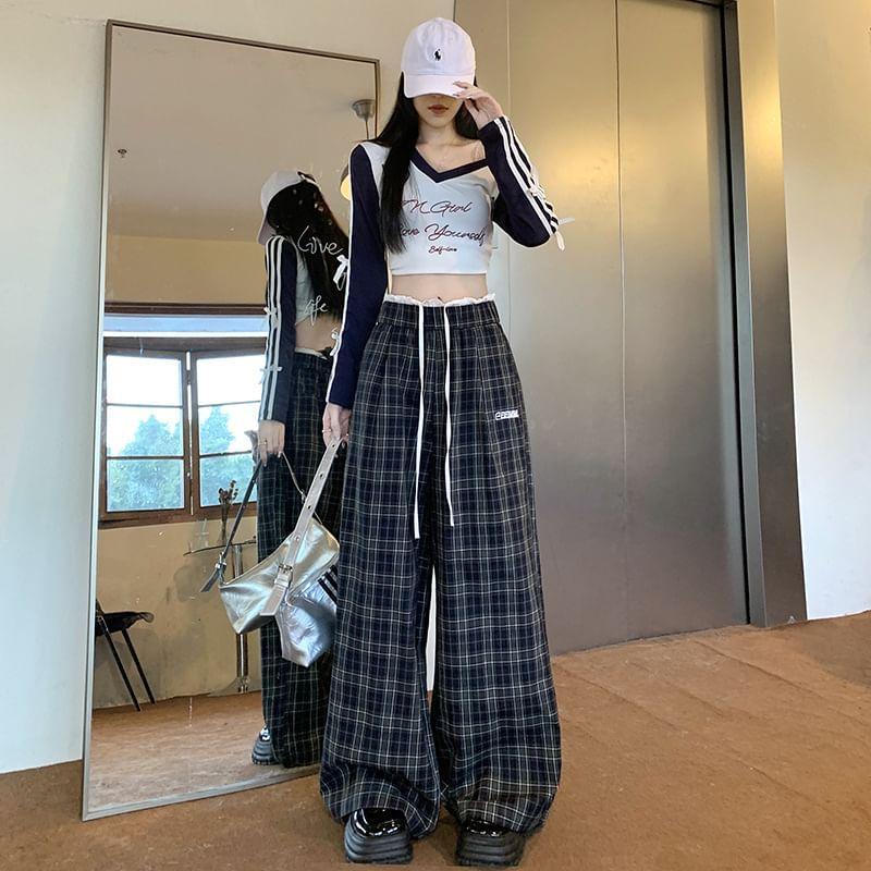 High Waist Plaid Wide Leg Pants Product Image