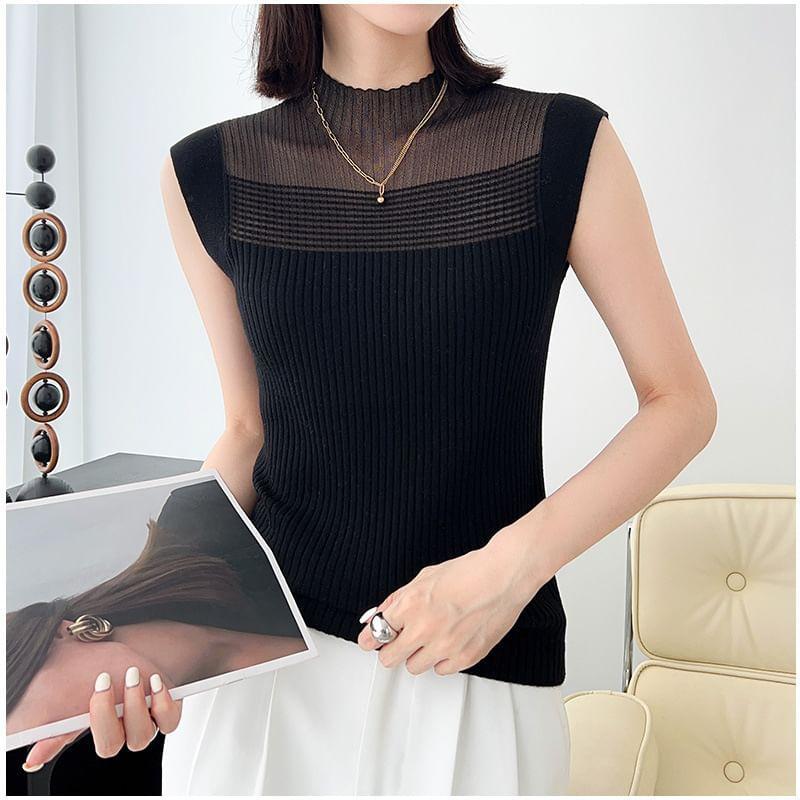 Cap-Sleeve Mock Neck Sheer Plain Knit Top Product Image