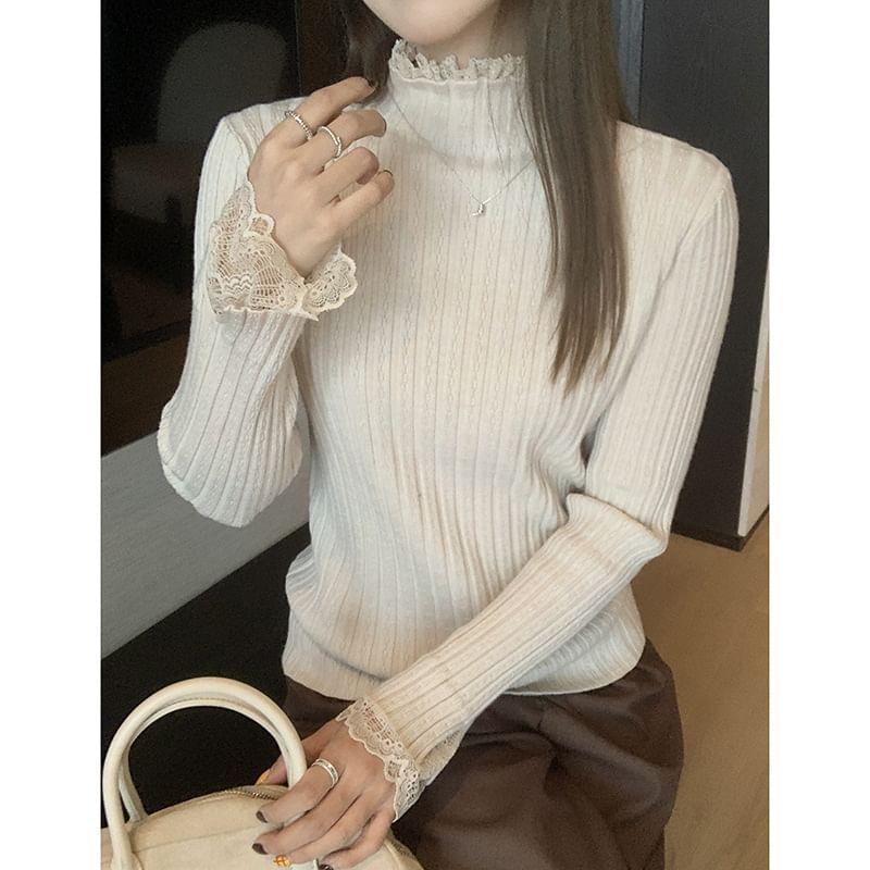 Turtleneck Plain Lace Trim Ribbed Sweater Product Image