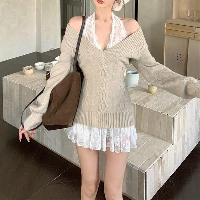 Halter V-Neck Lace Mini A-Line Dress / Plain Sweater Product Image