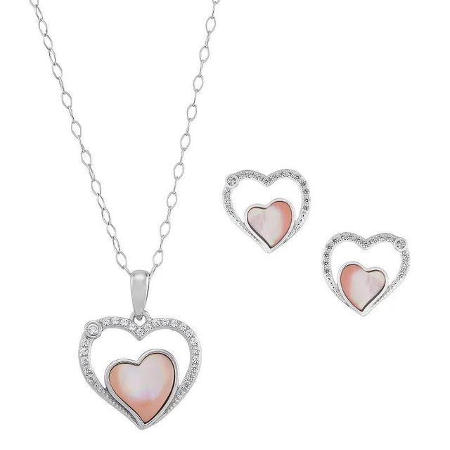 Sterling Silver Mother-of-Pearl & Cubic Zirconia Heart Pendant Necklace & Stud Earrings Set, Womens White Product Image