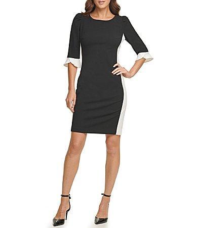 DKNY by Donna Karan Stretch Color Block Ruffle 34 Sleeve Sheath Dress Product Image