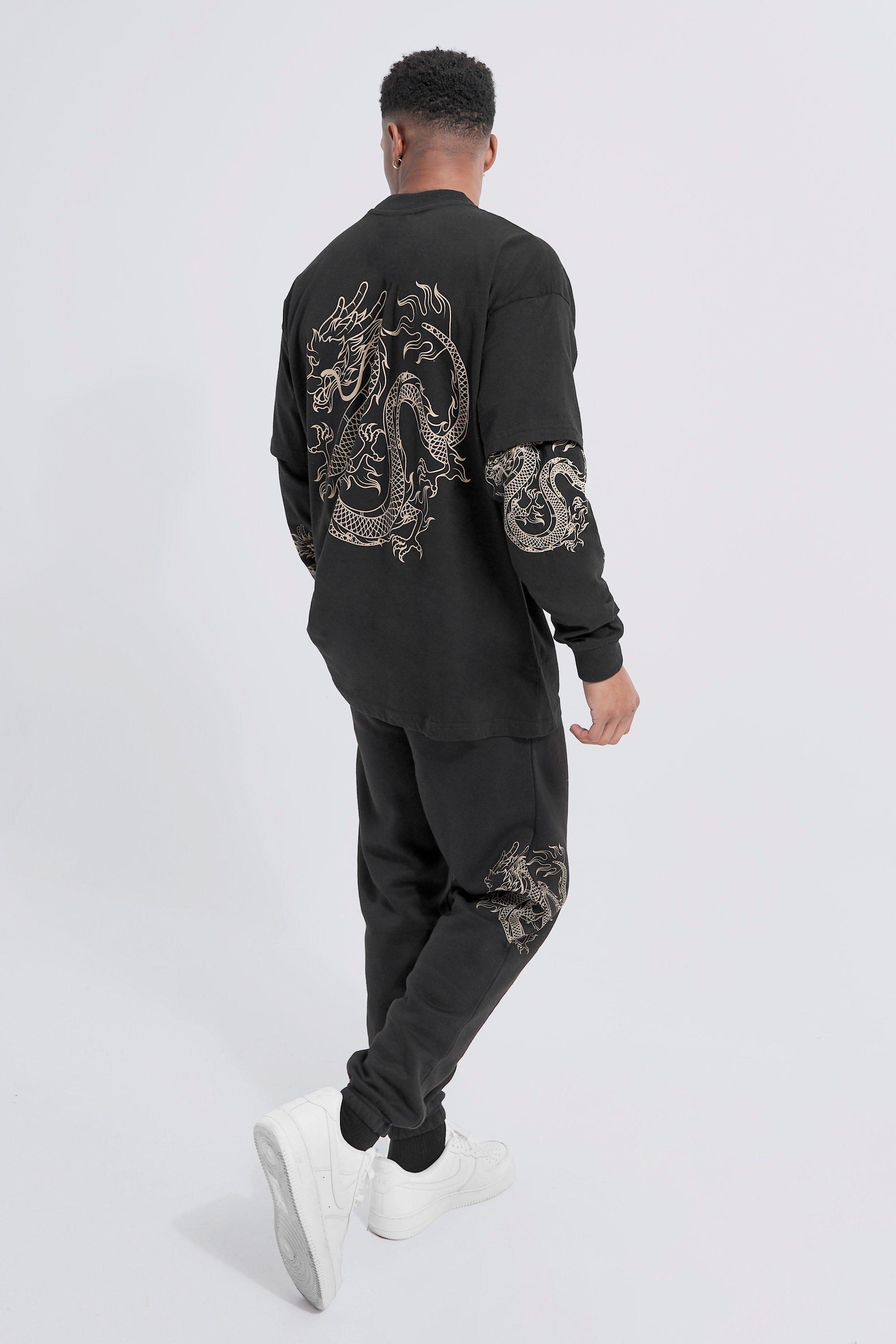 Oversized Dragon Faux Layer T-shirt Tracksuit | boohooMAN USA Product Image