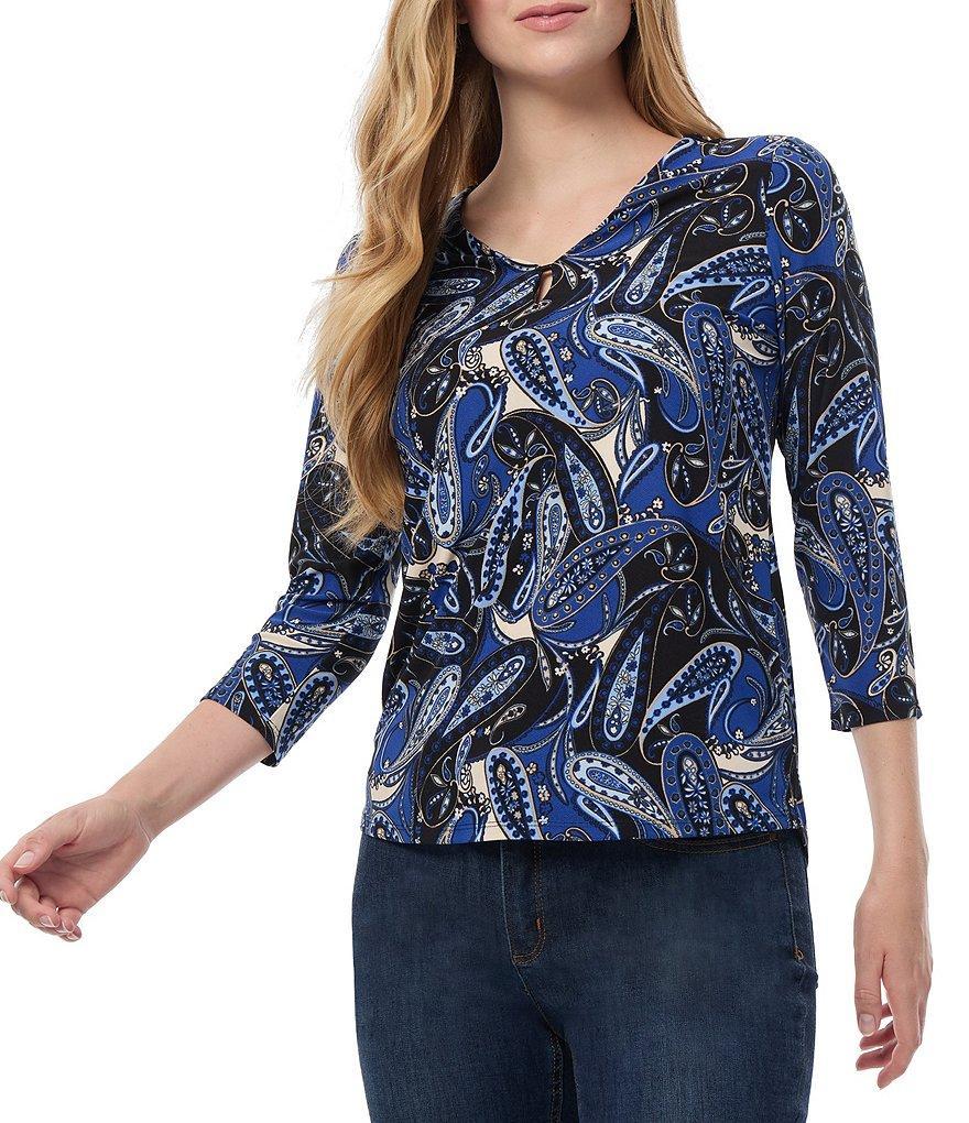 Jones New York Paisley Printed Moss Crepe V-Neck 3/4 Sleeve Top Product Image