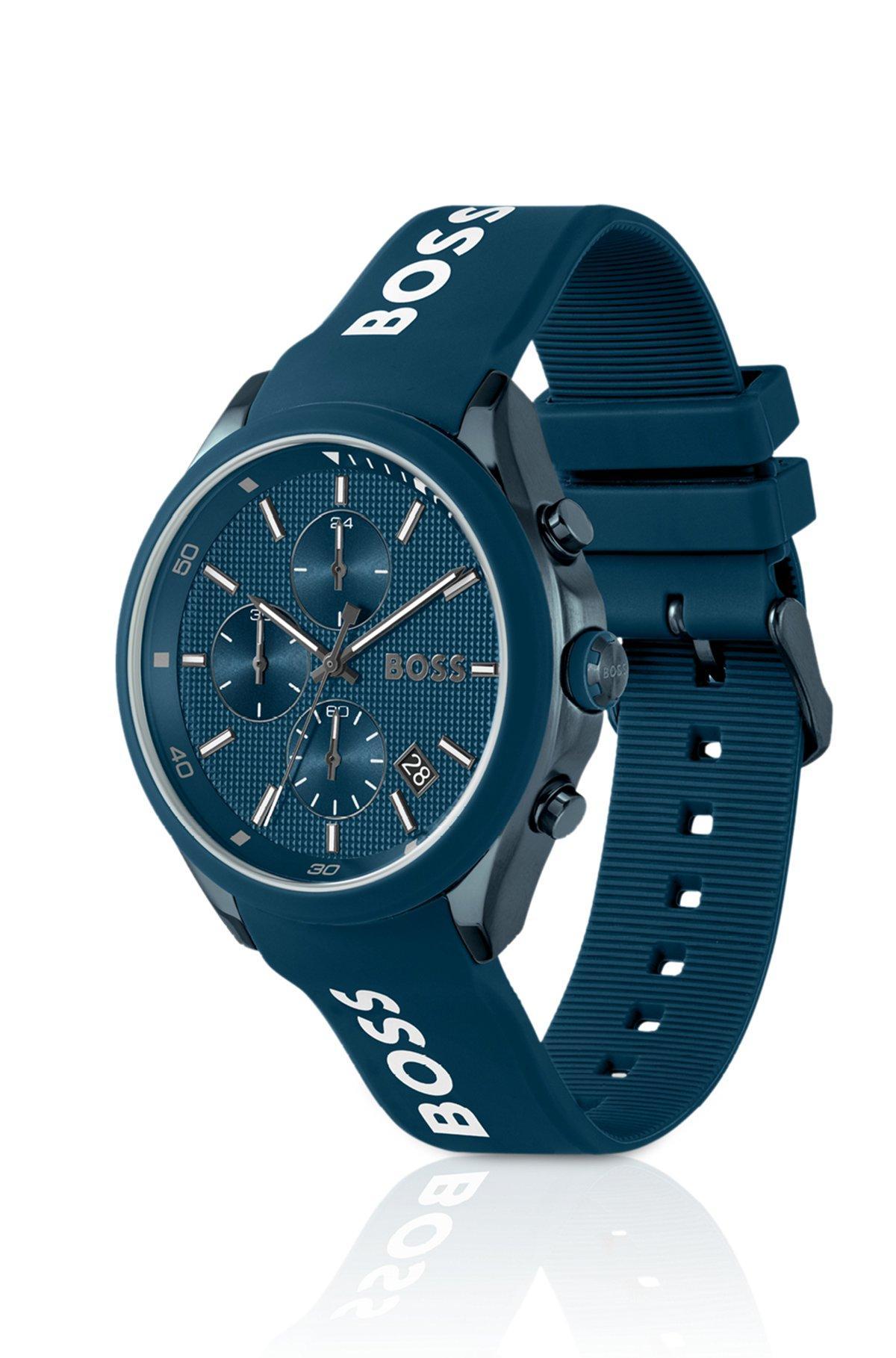 Blue-plated chronograph watch with blue silicone strap Product Image