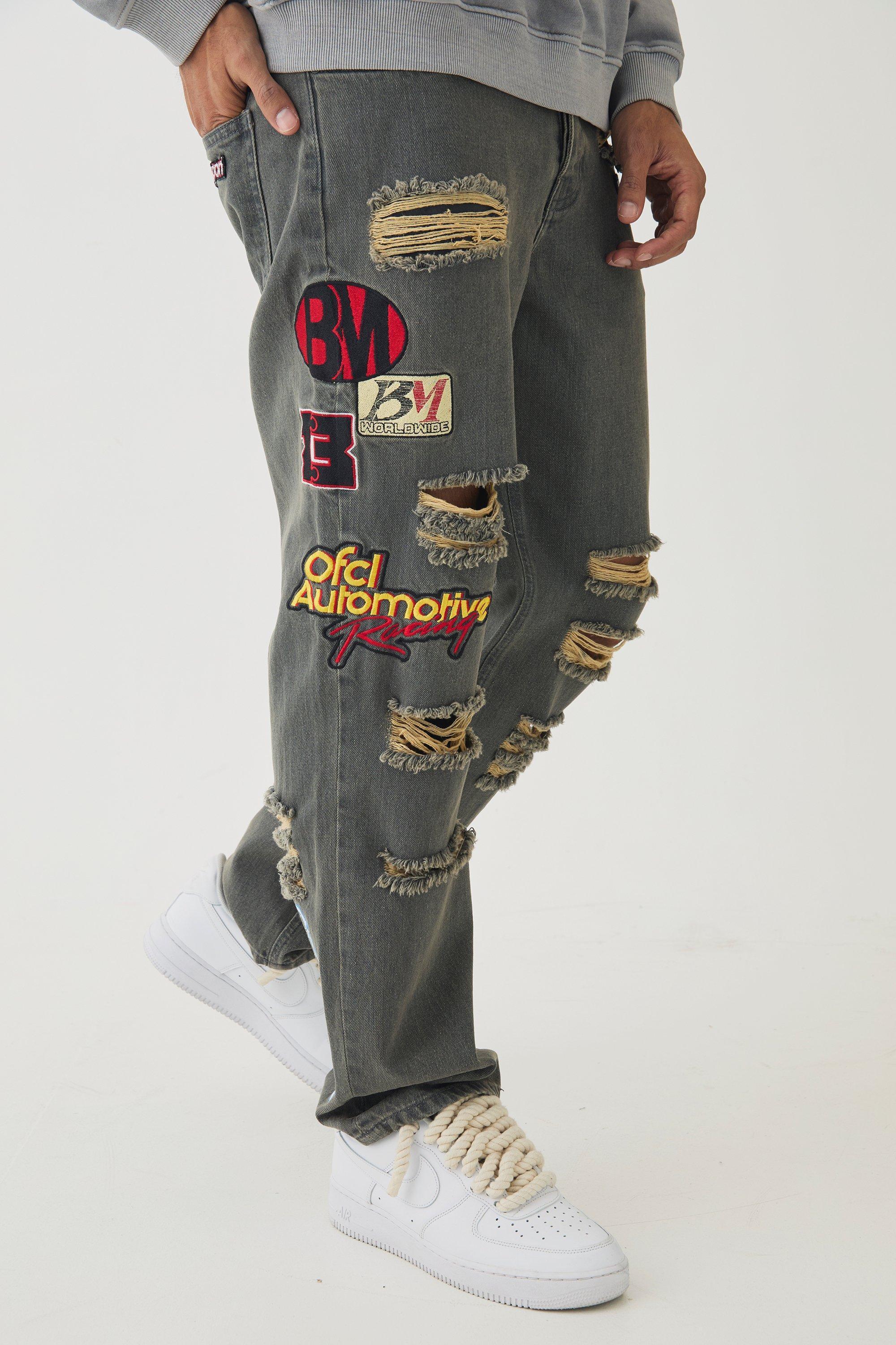 Relaxed Rigid Applique Badge Ripped Jeans | boohooMAN USA Product Image