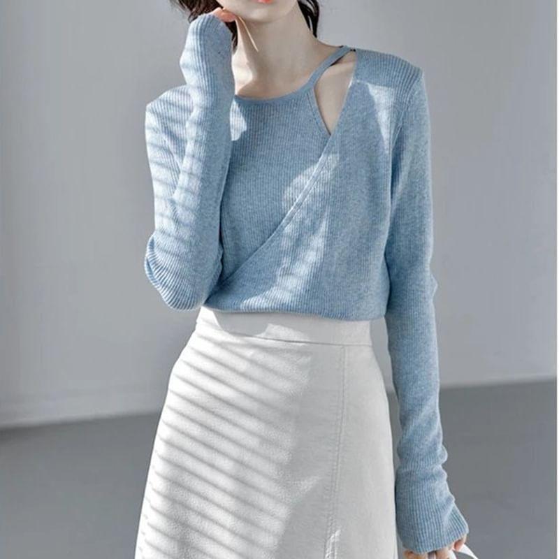 Asymmetrical Neck Plain Ribbed Sweater Product Image