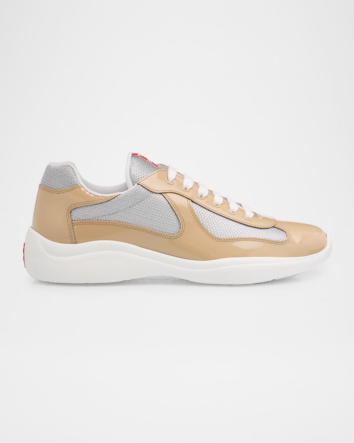 PRADA Men's America's Cup Patent Leather Patchwork Sneakers In Sand Silver Product Image