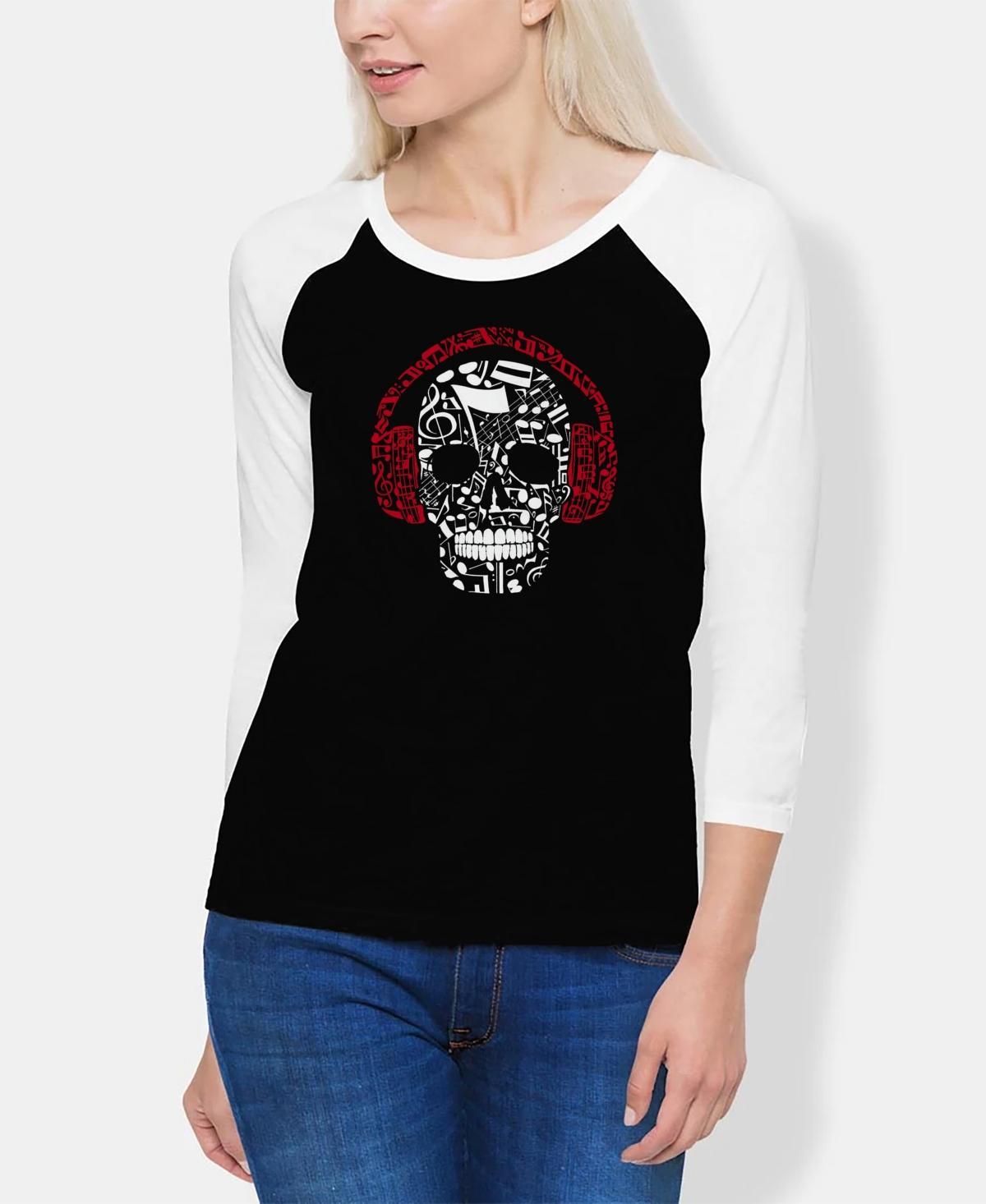 La Pop Art Womens Raglan Music Notes Skull Word Art T-shirt - Black Product Image